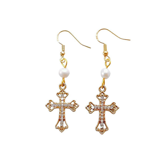 Gold Rhinestone Cross Earrings