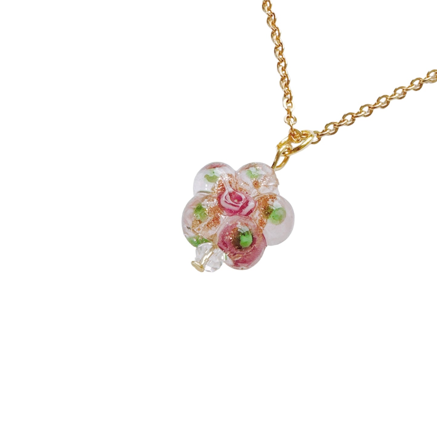 Gold Pink Glass Flower Necklace