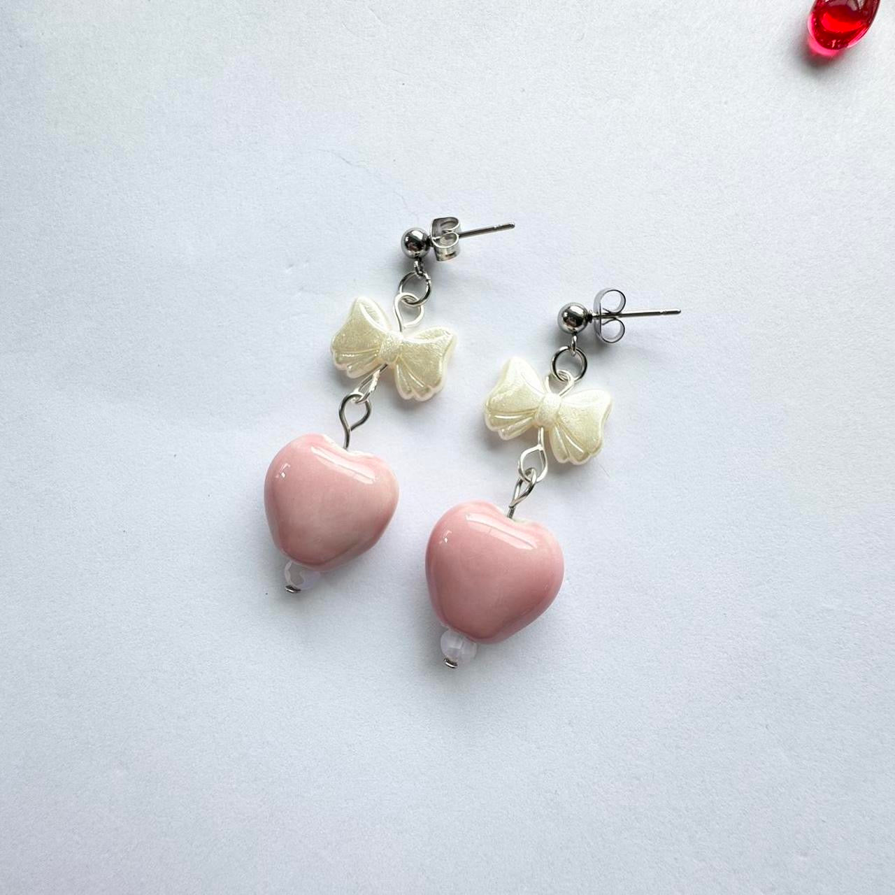 White Bow & Pink Heart Earrings