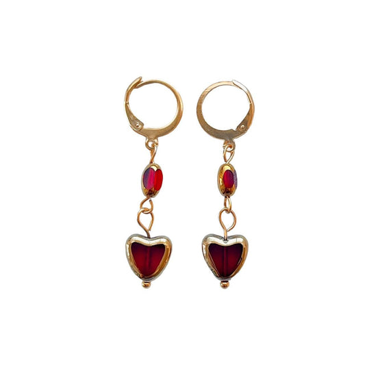 Gold Plated Red Glass Heart Earrings