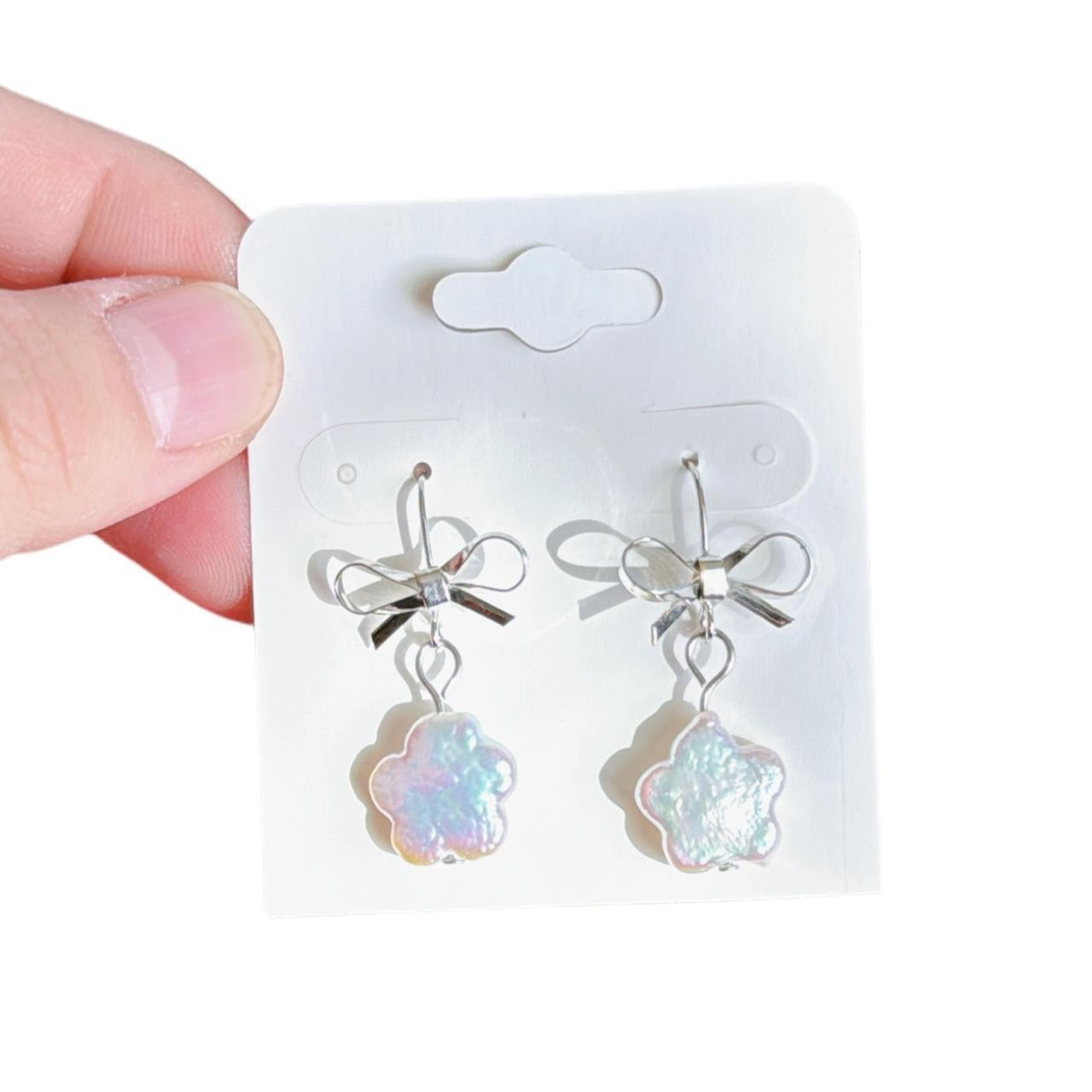 Silver Bow & Pearl Flower Earrings