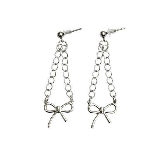 Silver Bow Chain Earrings ౨ৎ