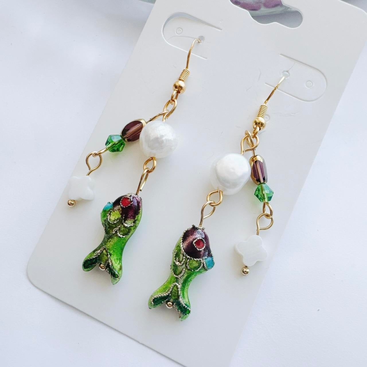 gold beaded fish earrings - purple