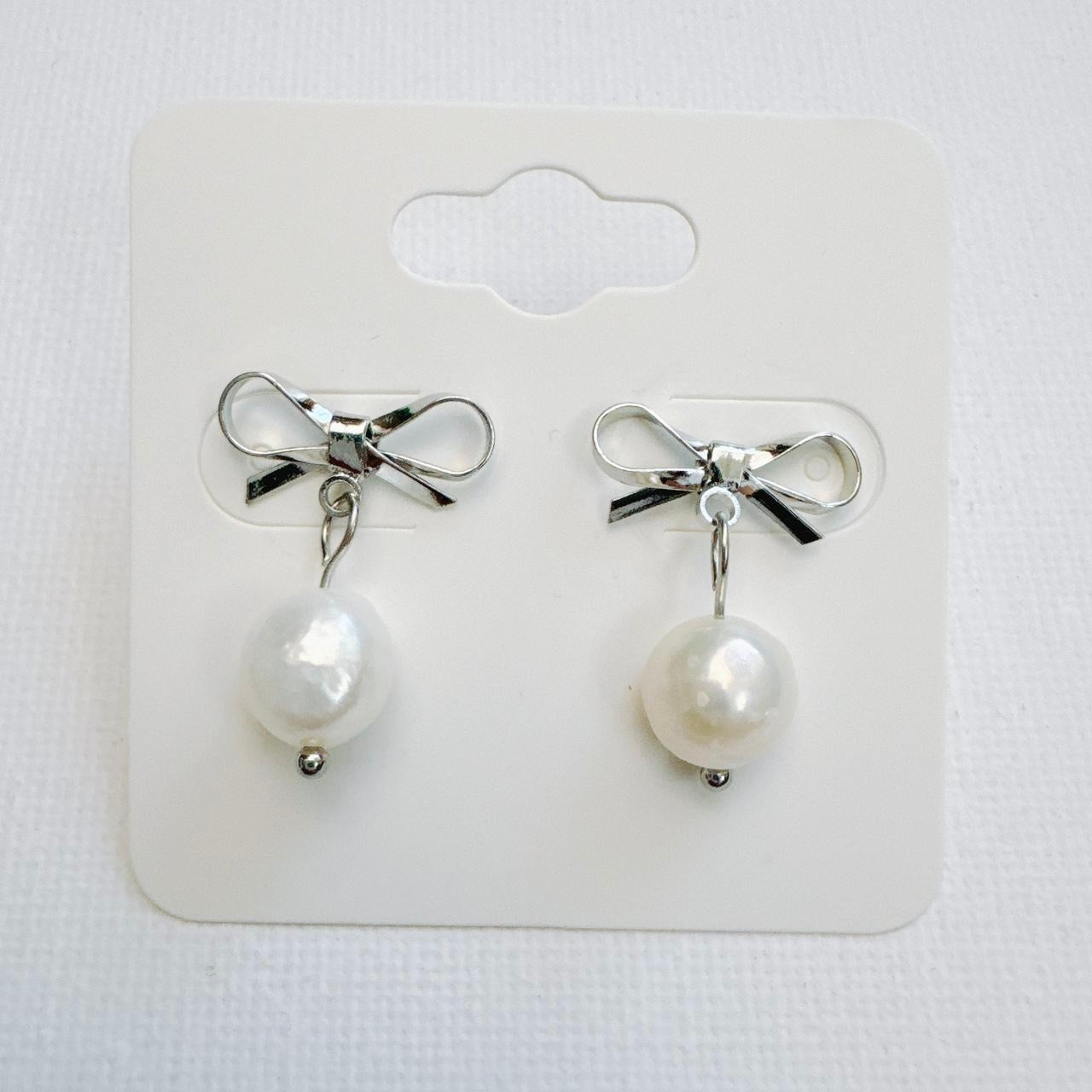 Silver Bow & Pearl Earrings