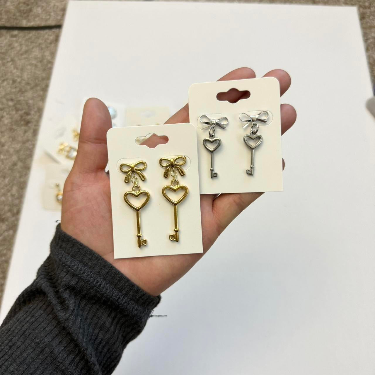 silver bow & heart key earrings