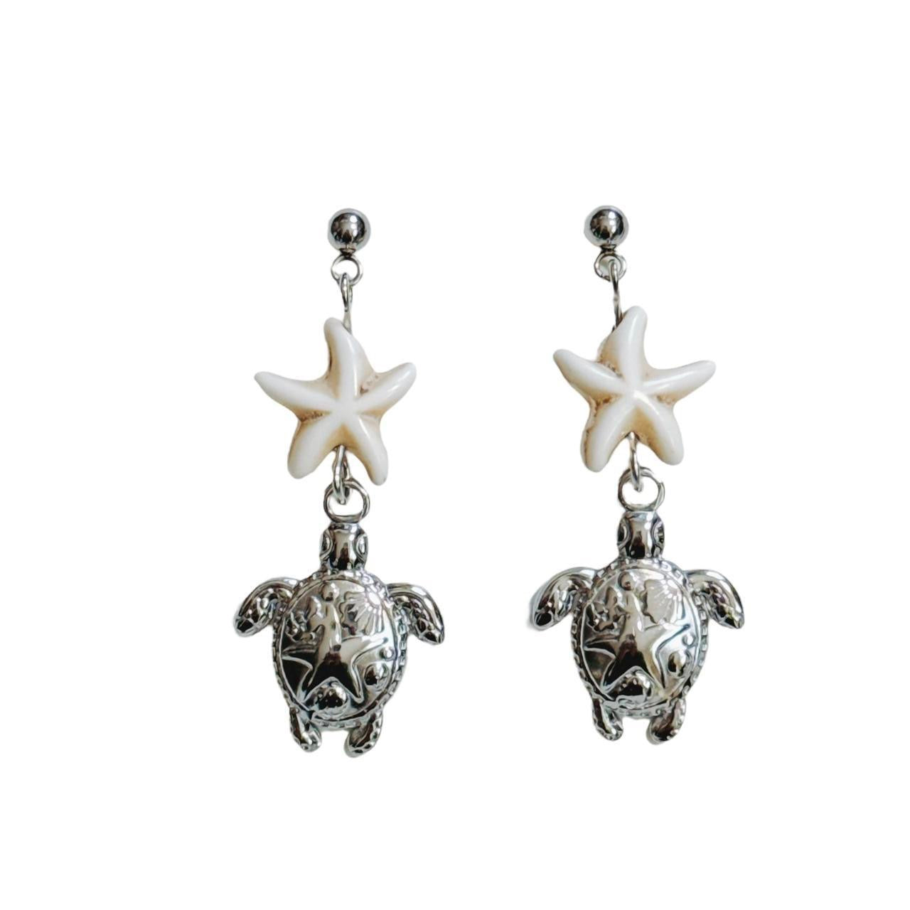 silver starfish sea turtle earrings