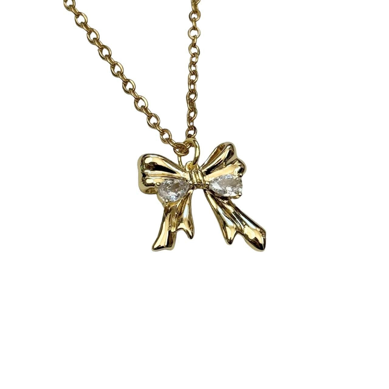 Gold Rhinestone Bow Necklace