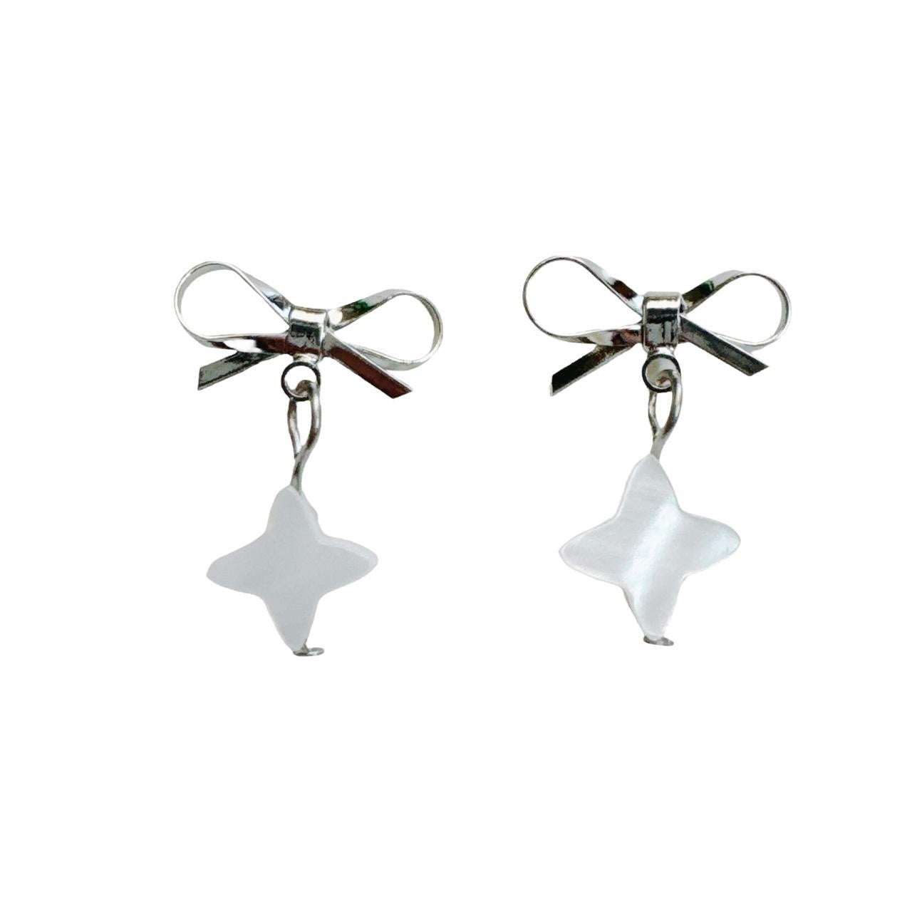 Silver Bow & Shell Sparkle Star Earrings