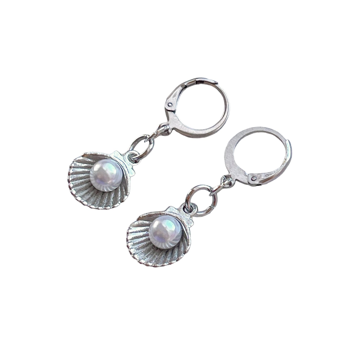 Silver Pearl Shell Huggie Earrings