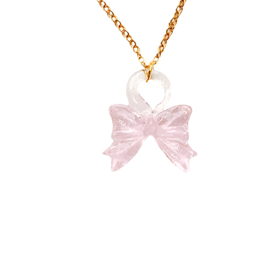 Gold Pink Glass Bow Necklace