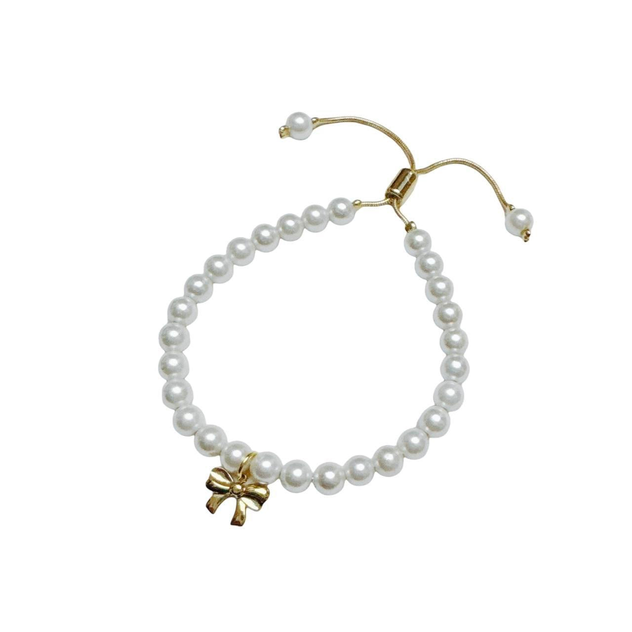 Gold Bow Pearl Slider Bracelet