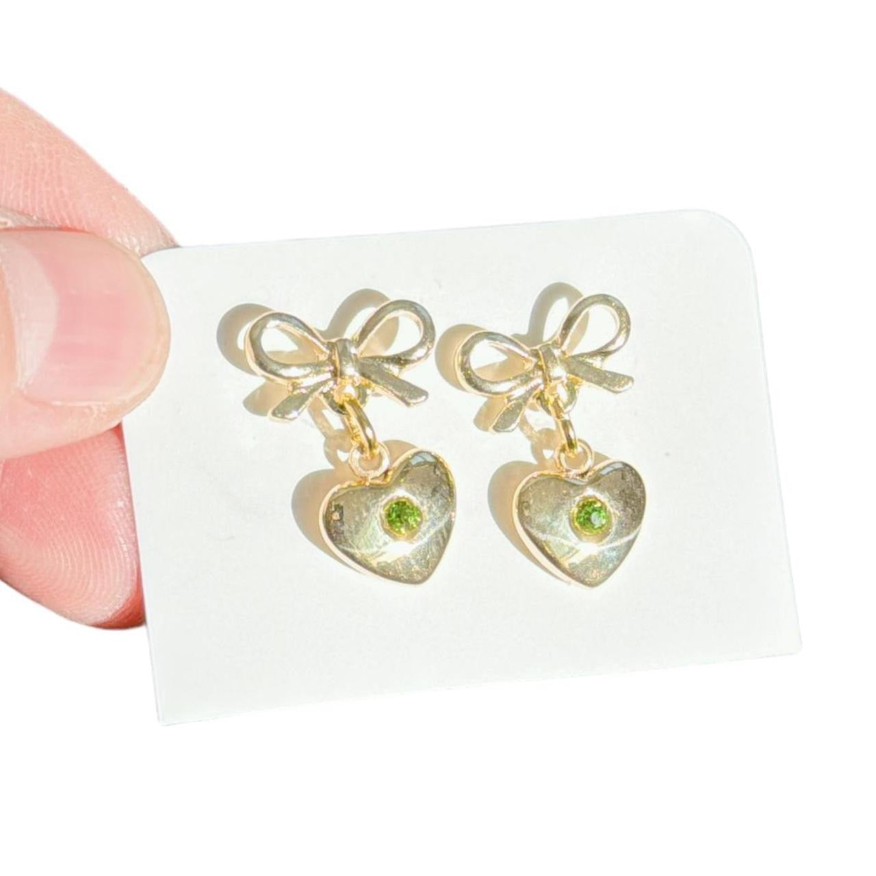 Gold Bow & Green Rhinestone Heart Earrings