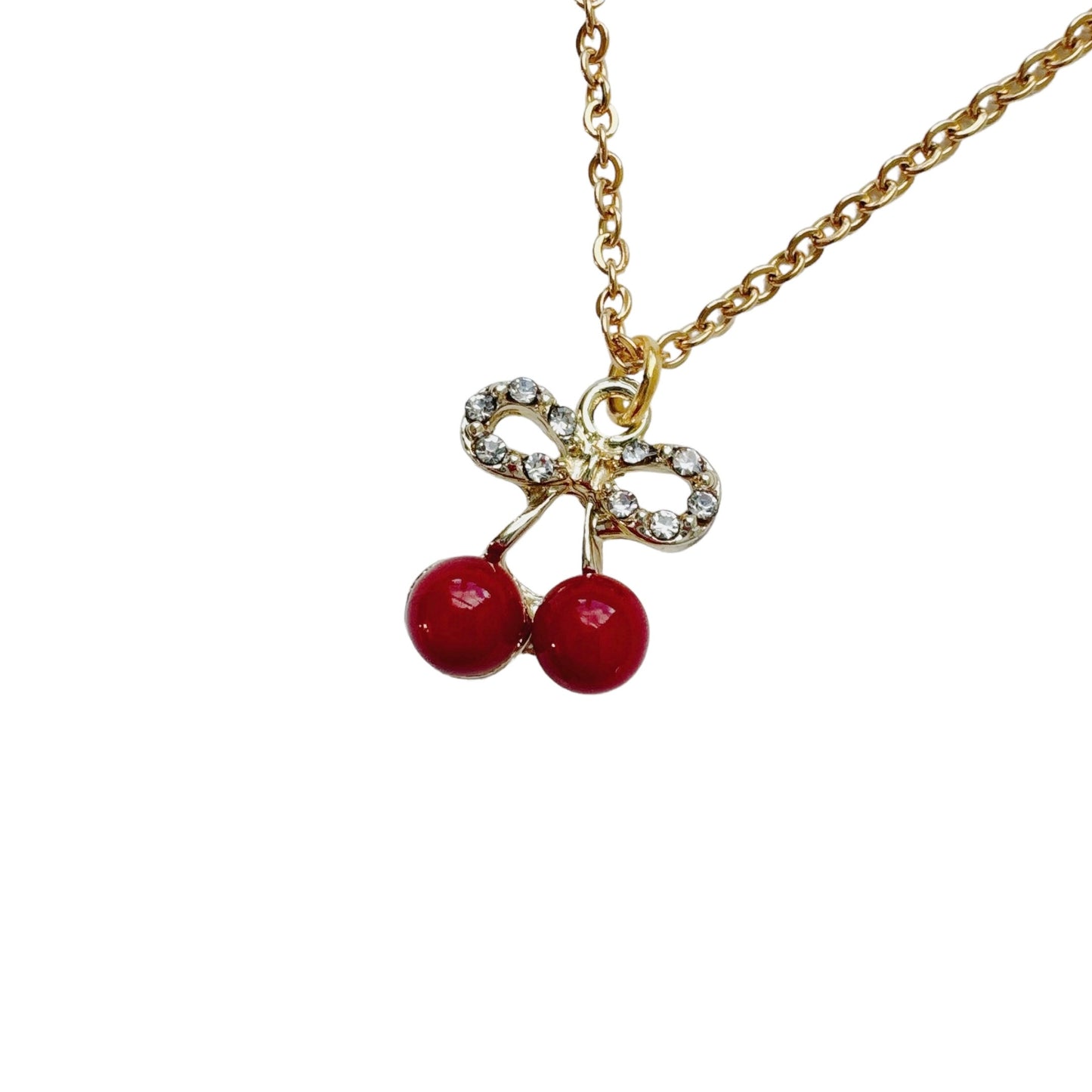 Gold Rhinestone Cherry Bow Necklace