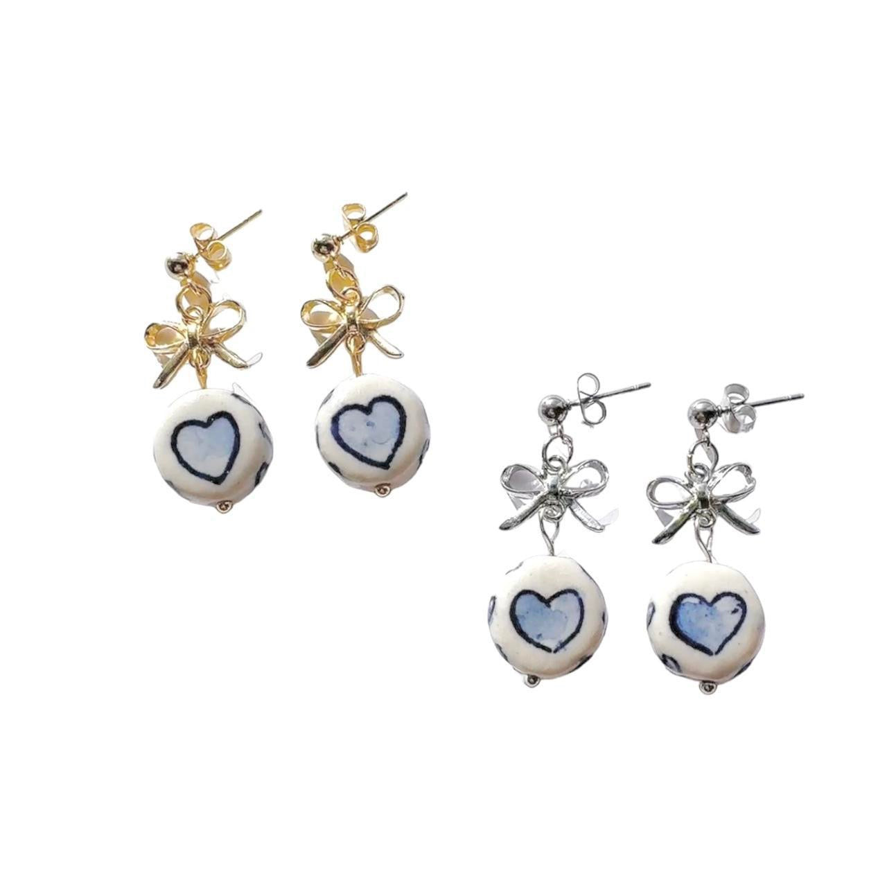 Gold Bow & Porcelain Heart Earrings