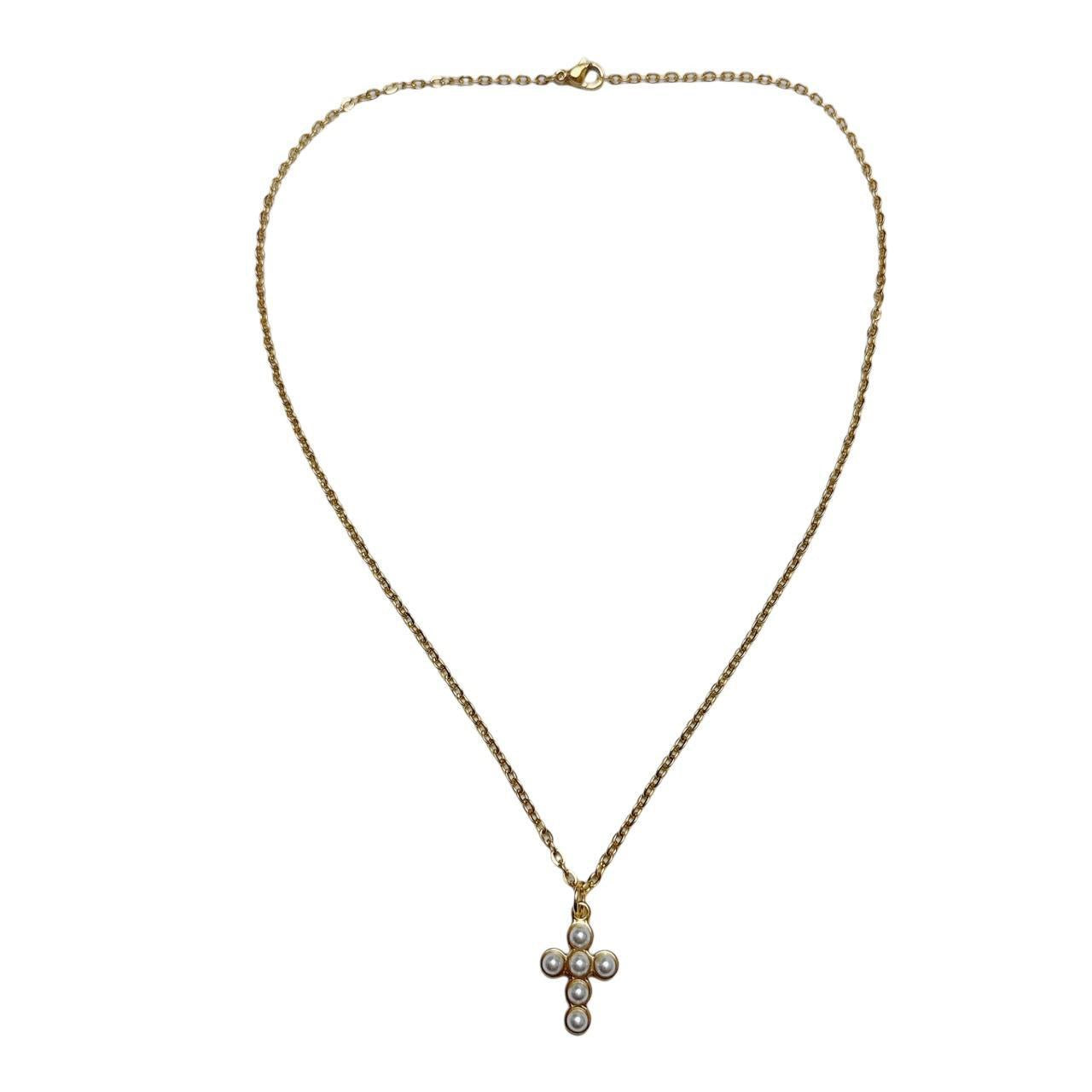 Gold Faux Pearl Cross Necklace