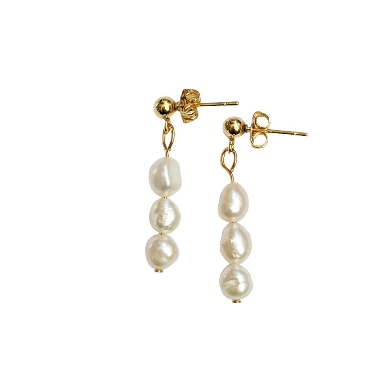 Gold Triple Freshwater Pearl Earrings