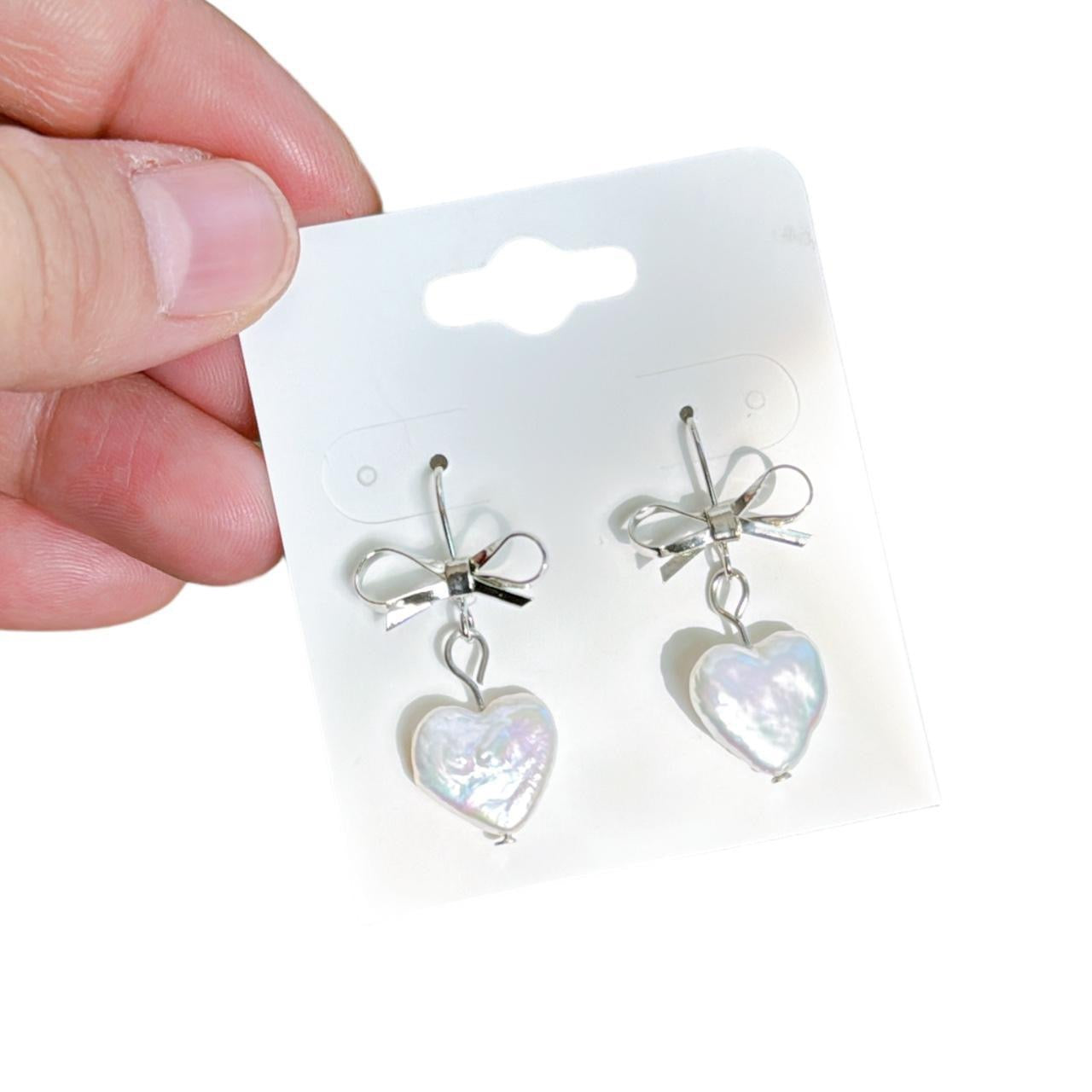 Silver Bow & Pearl Heart Earrings