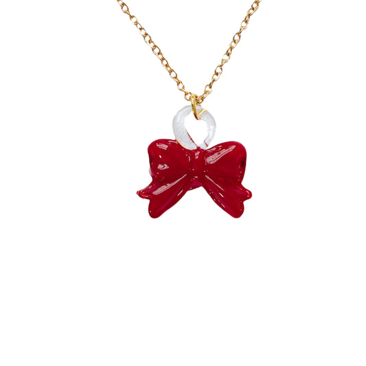 Gold Red Glass Bow Necklace