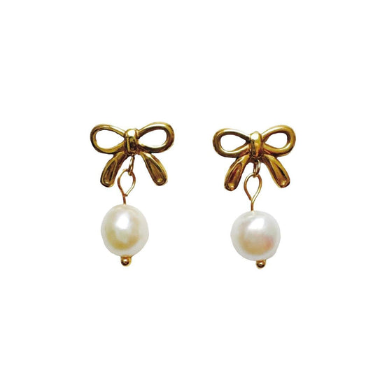 Gold Bow & Pearl Earrings