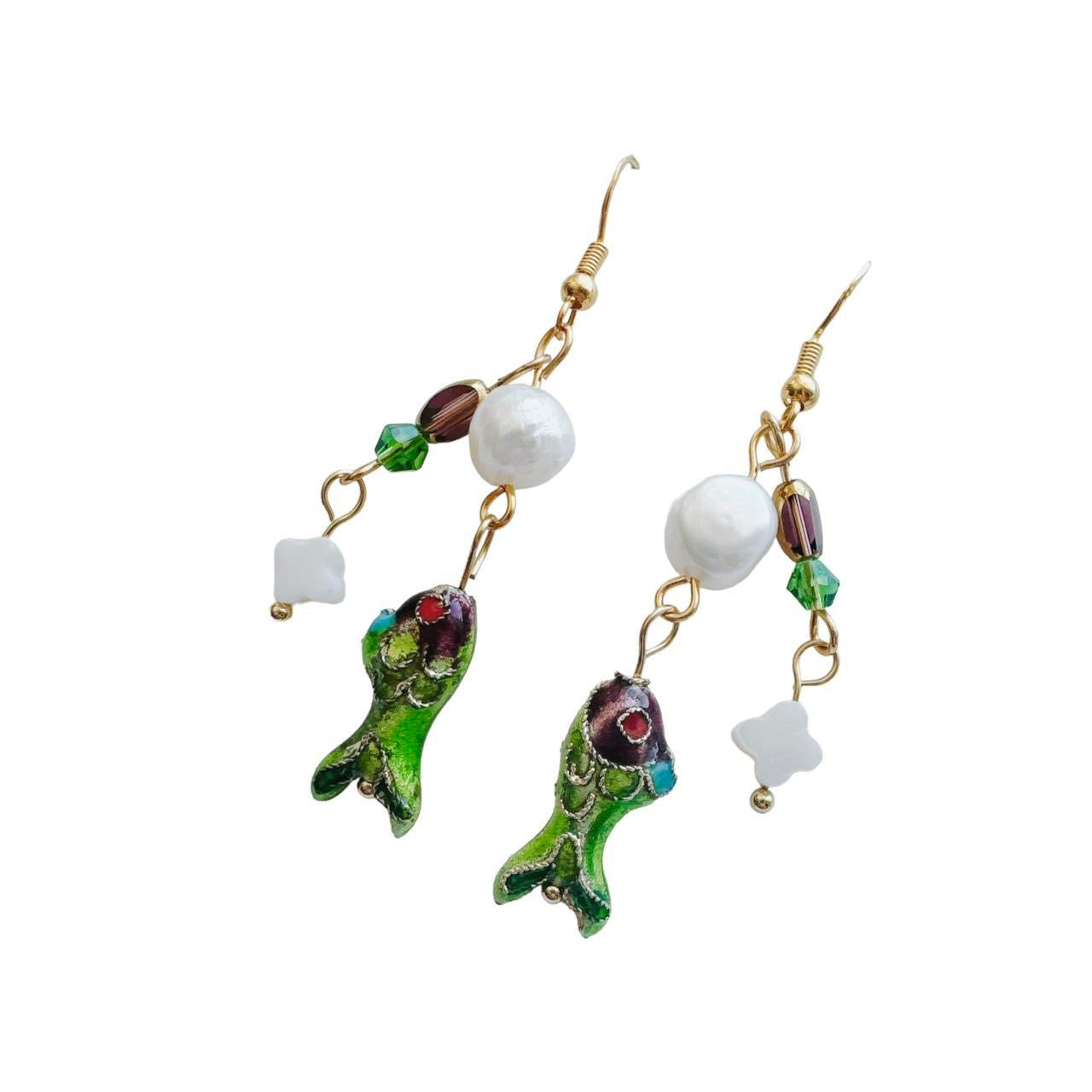 gold beaded fish earrings - purple