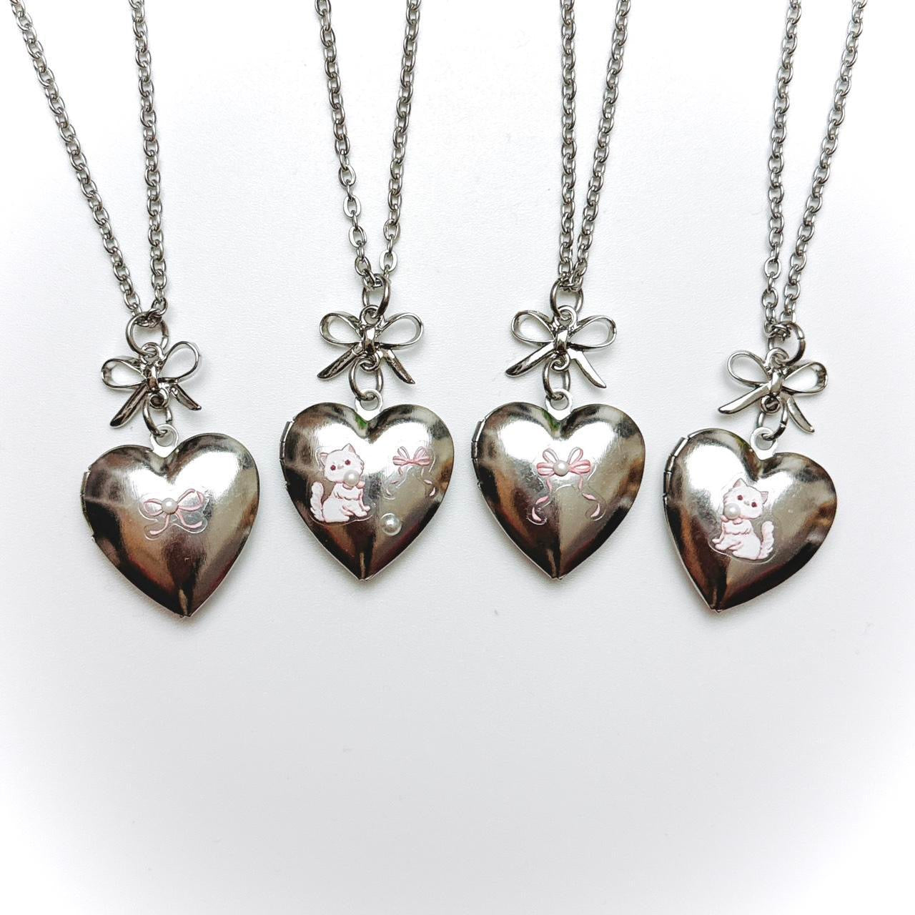 Silver Bow & Heart Locket - small pink bow version