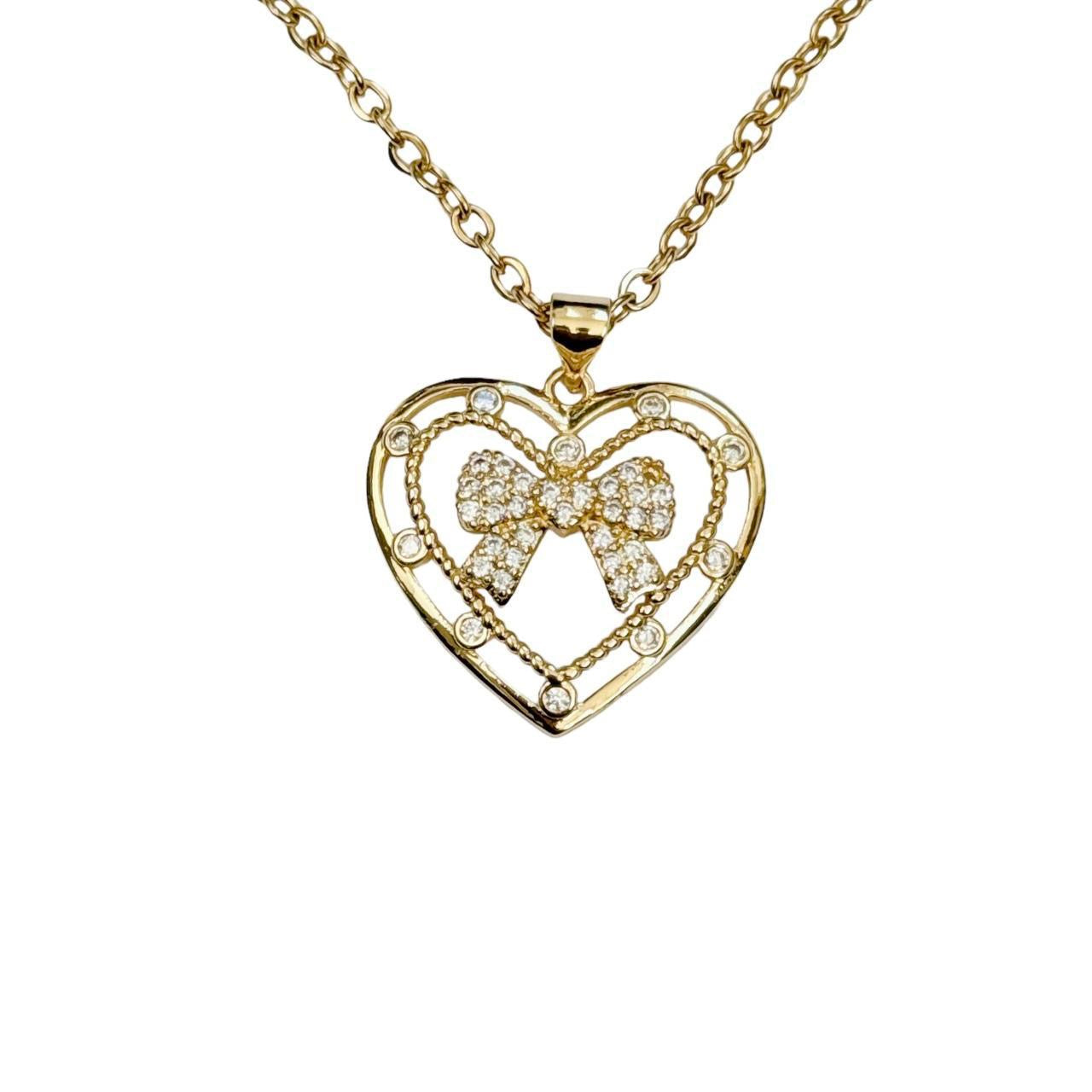 Gold Rhinestone Bow Heart Necklace