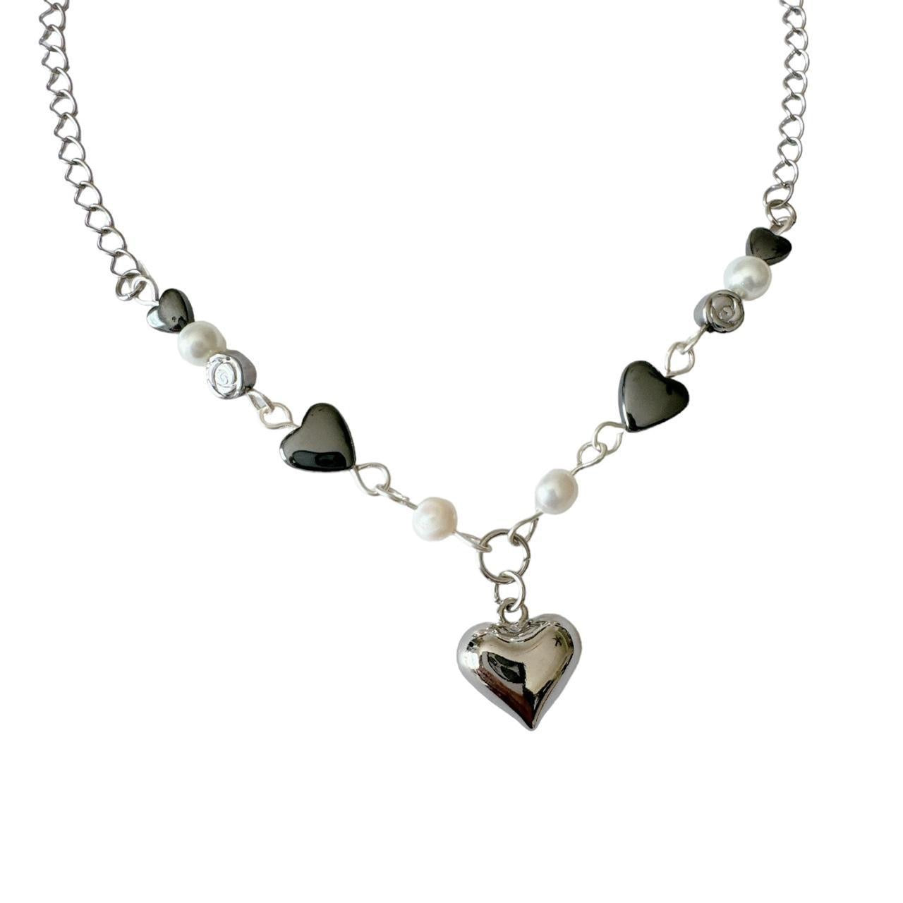 Silver Puffy Heart Beaded Necklace