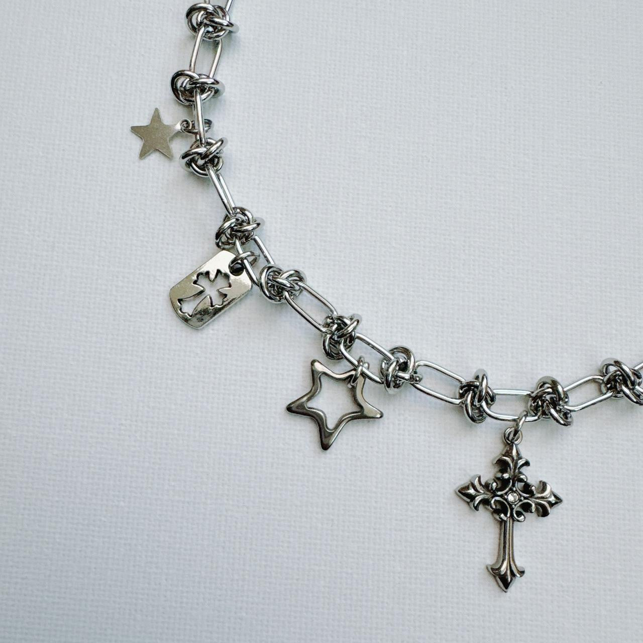 silver chain mail charm necklace - cross