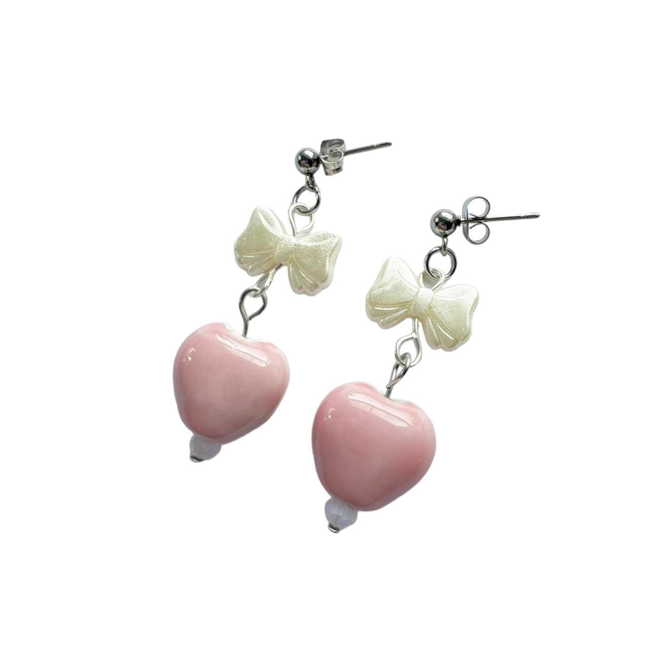 White Bow & Pink Heart Earrings