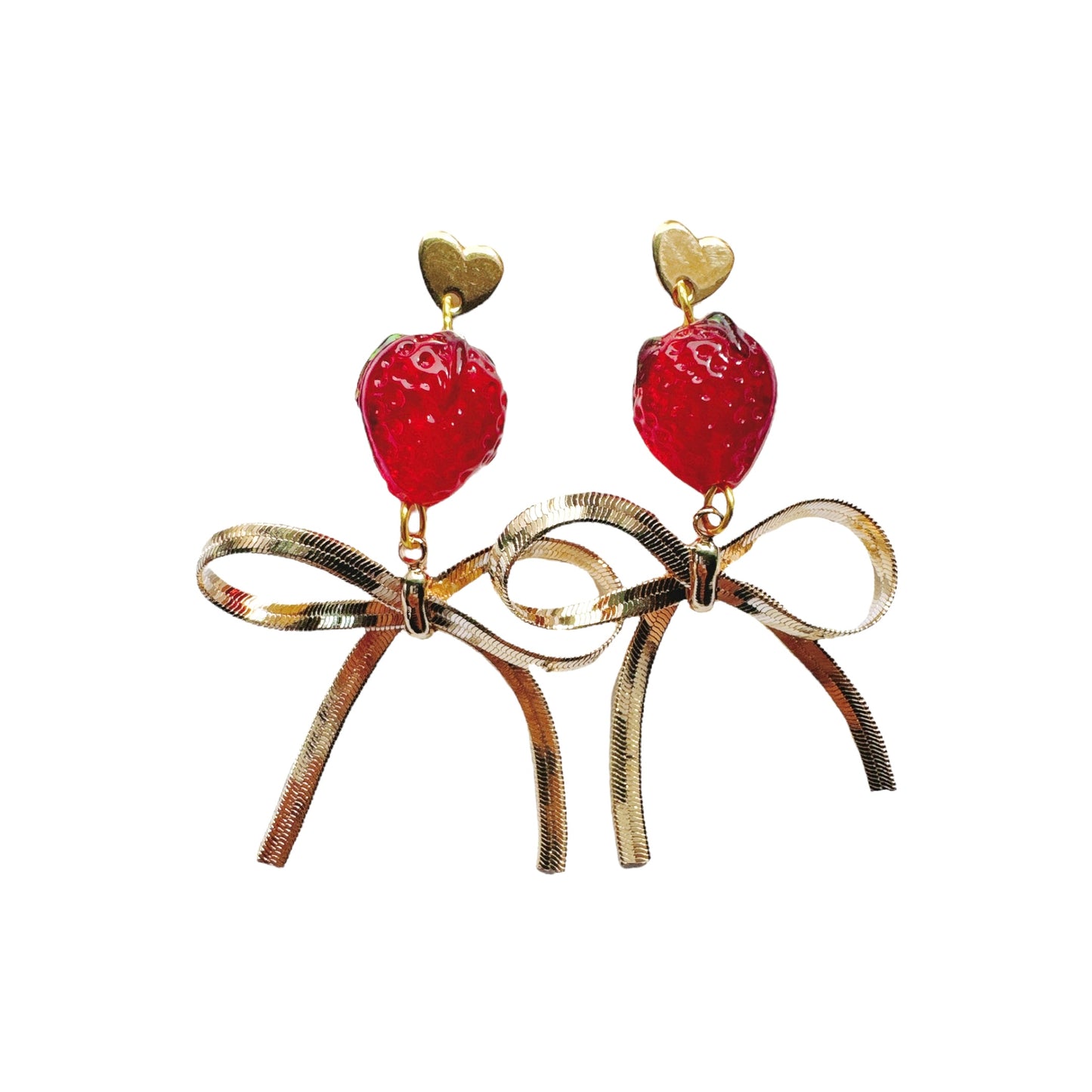 Gold Bow & Glass Strawberry Earrings