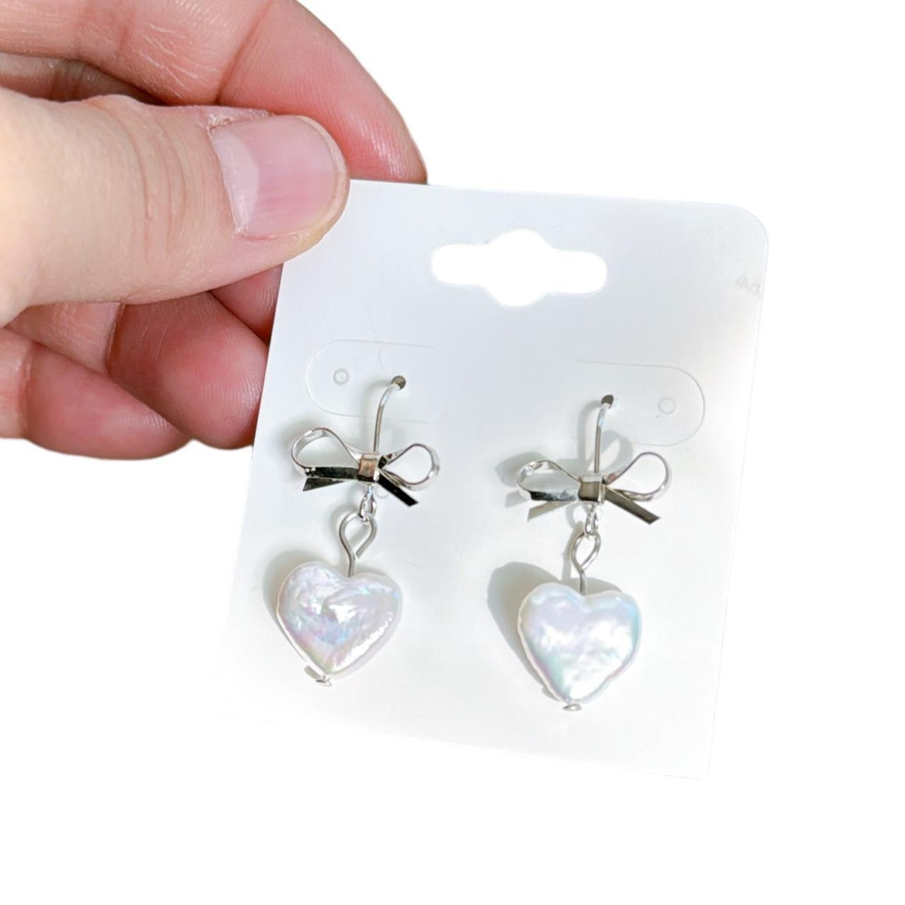 Silver Bow & Pearl Heart Earrings