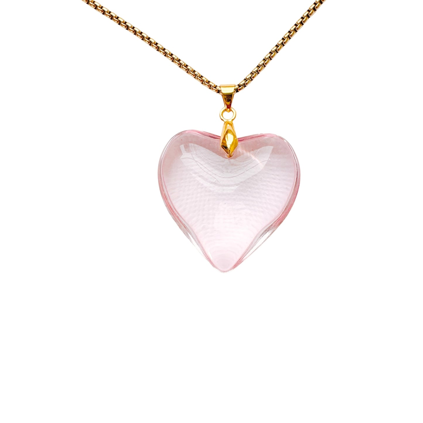 Gold Pink Glass Heart Necklace