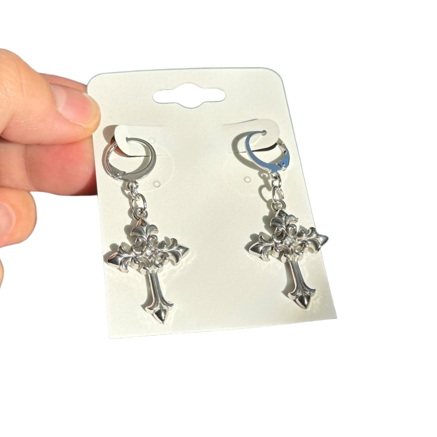 Silver Grunge Rhinestone Cross Earrings