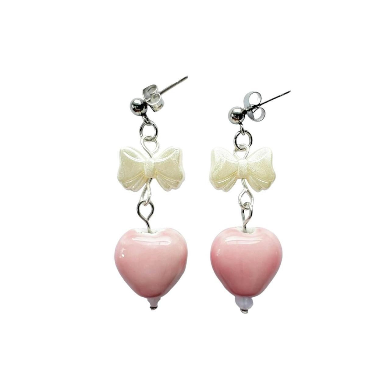 White Bow & Pink Heart Earrings