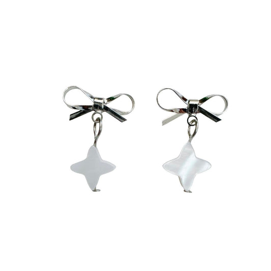 Silver Bow & Shell Sparkle Star Earrings