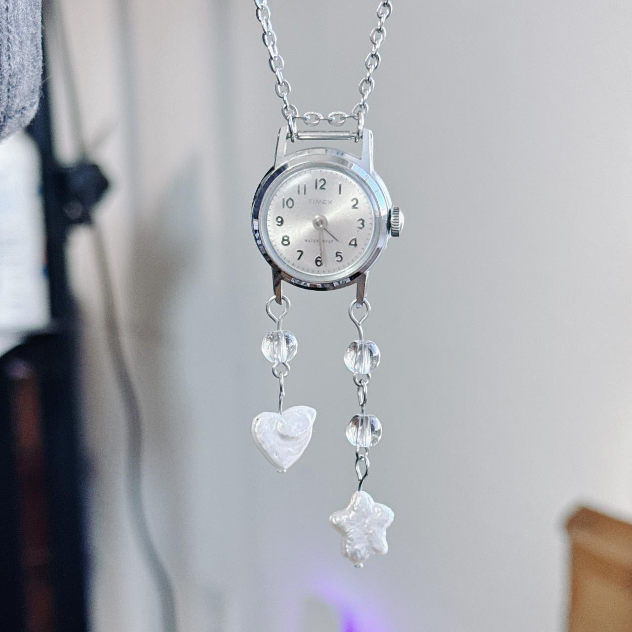 silver pearl watch necklace