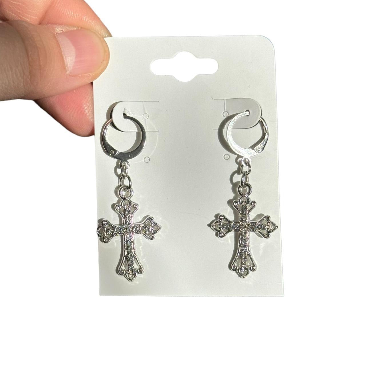 Silver Rhinestone Cross Earrings