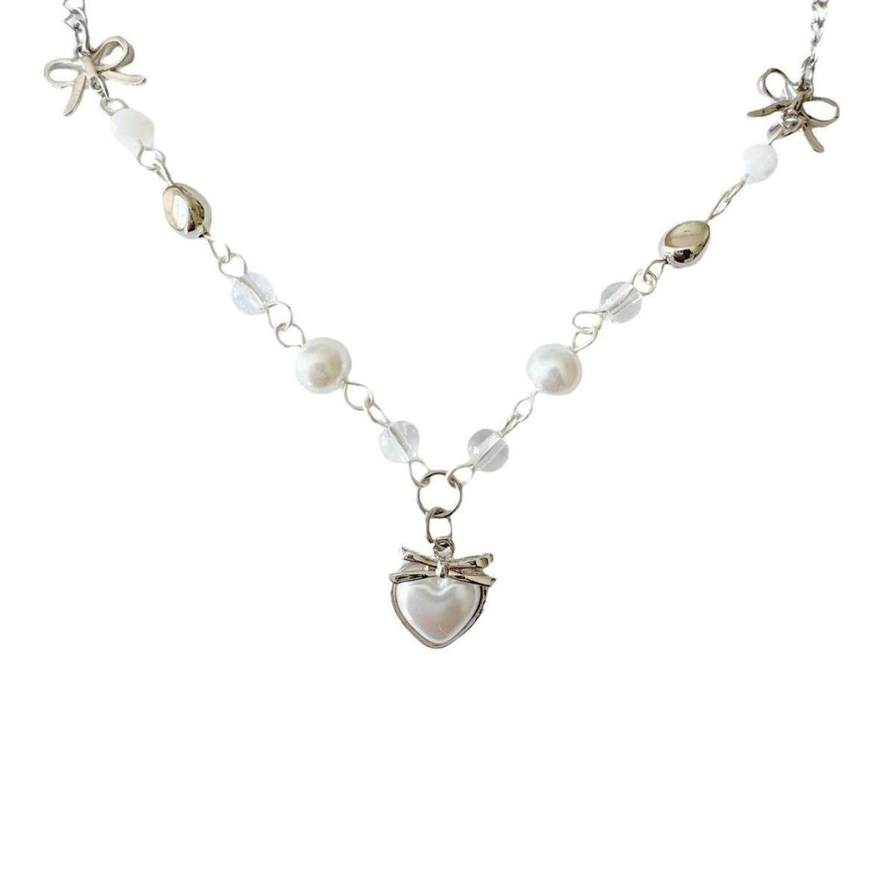 Silver Pearl Heart Beaded Necklace