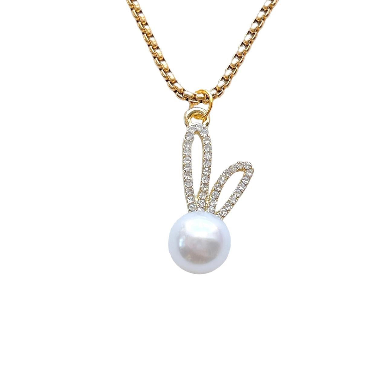 Gold Rhinestone Pearl Bunny Necklace