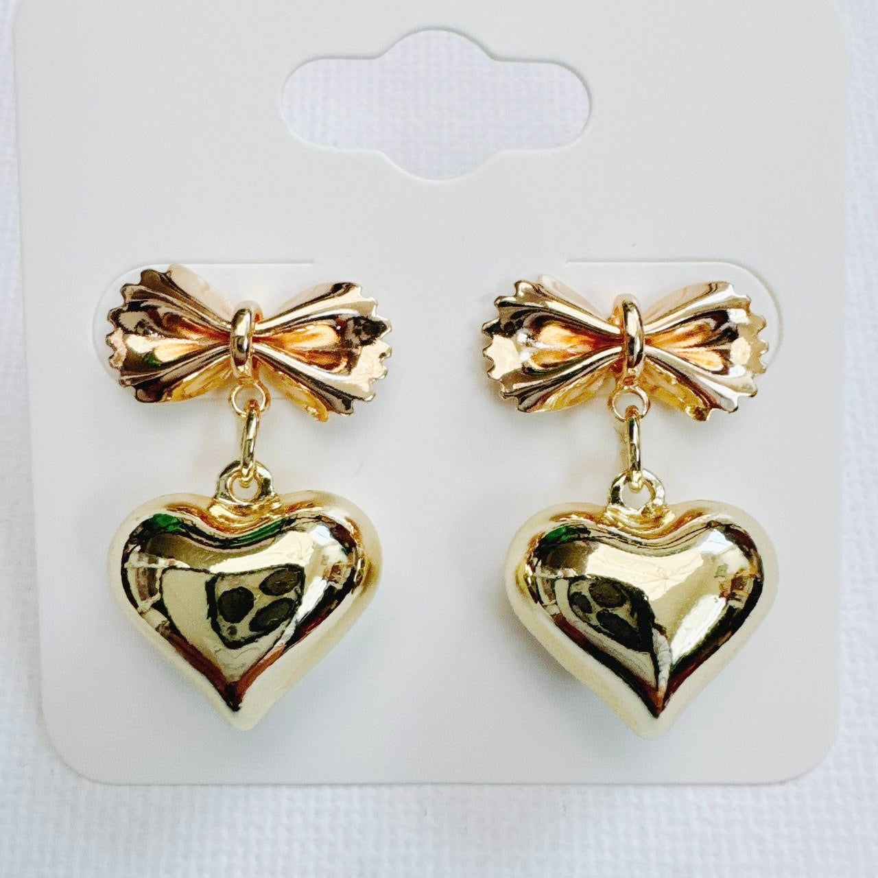 Gold Bow Tie Pasta & Heart Earrings