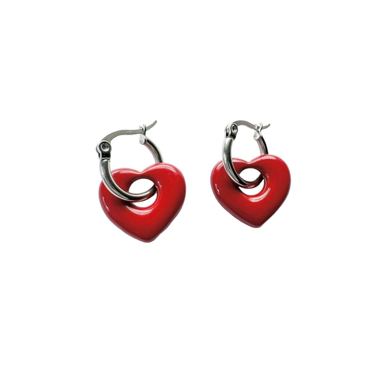 Red Puffy Heart Hoop Earrings