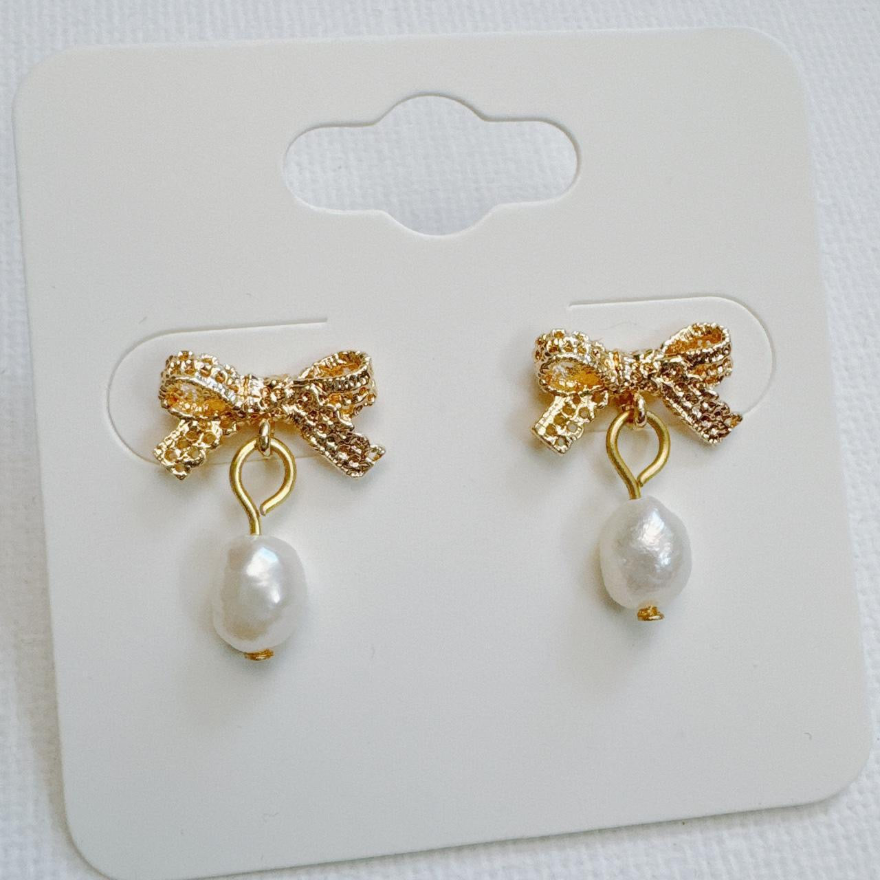 Gold Lace Bow & Pearl Earrings