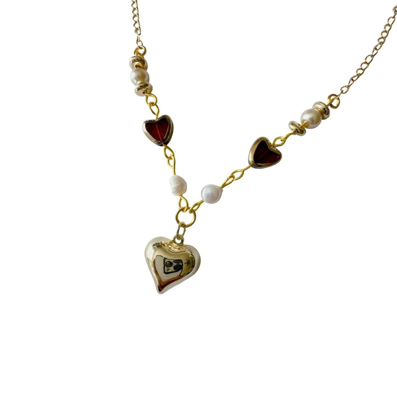 Gold Puffy Heart Beaded Necklace