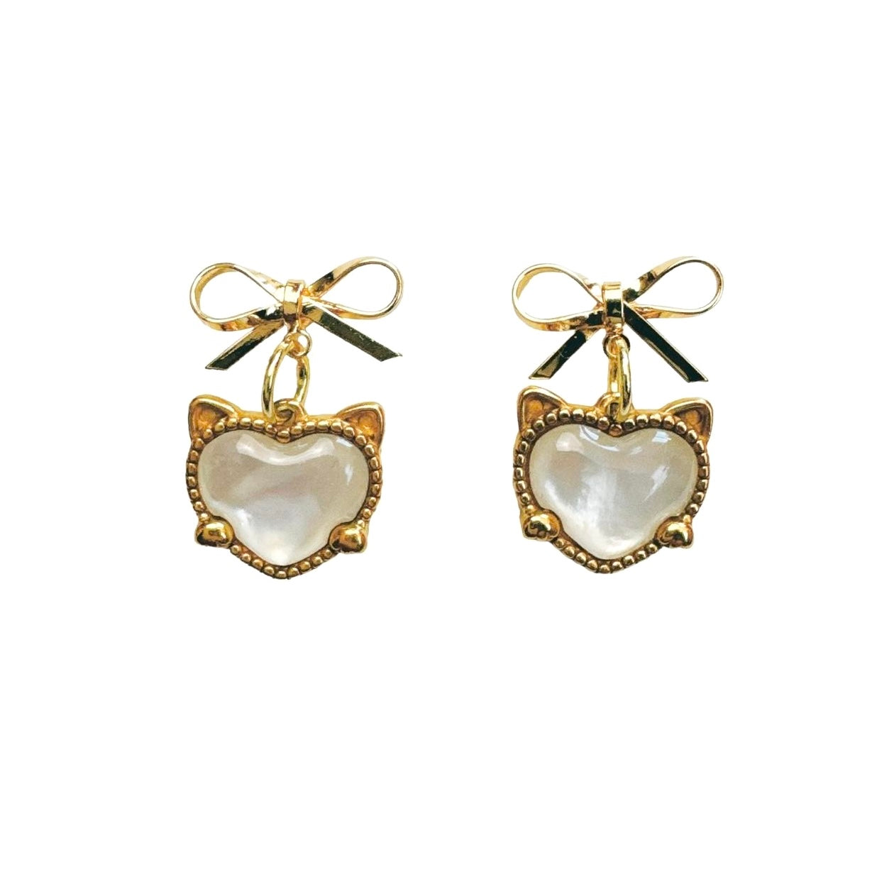 gold bow & cat shell heart earrings