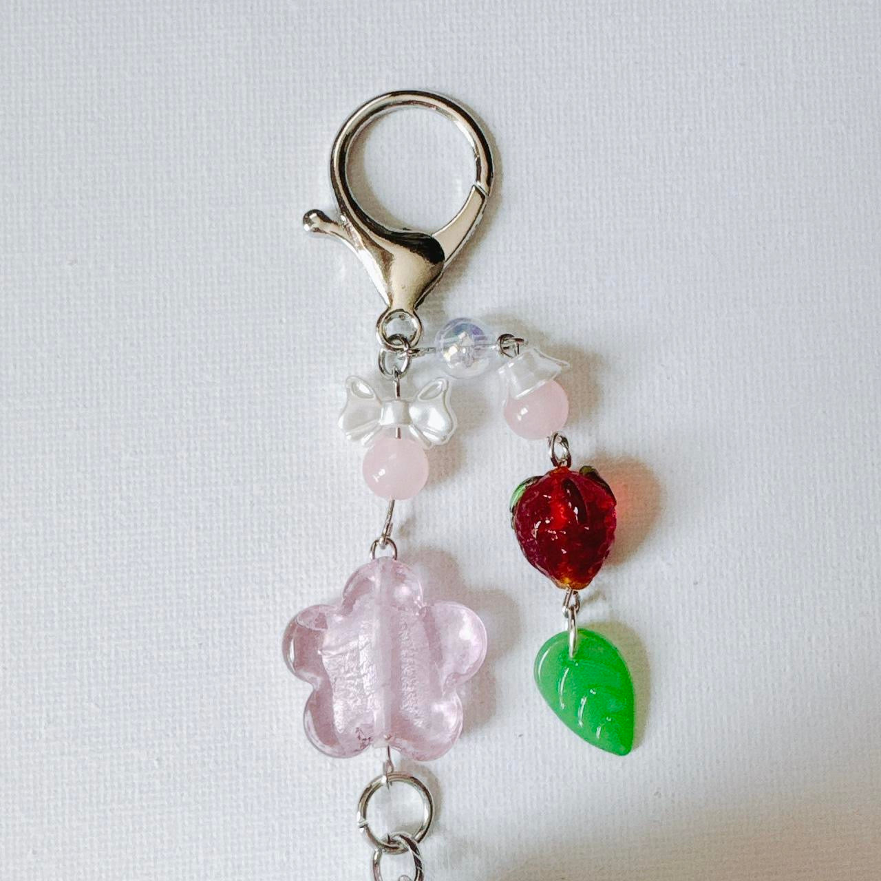 white fluffy bunny keychain - red strawberry