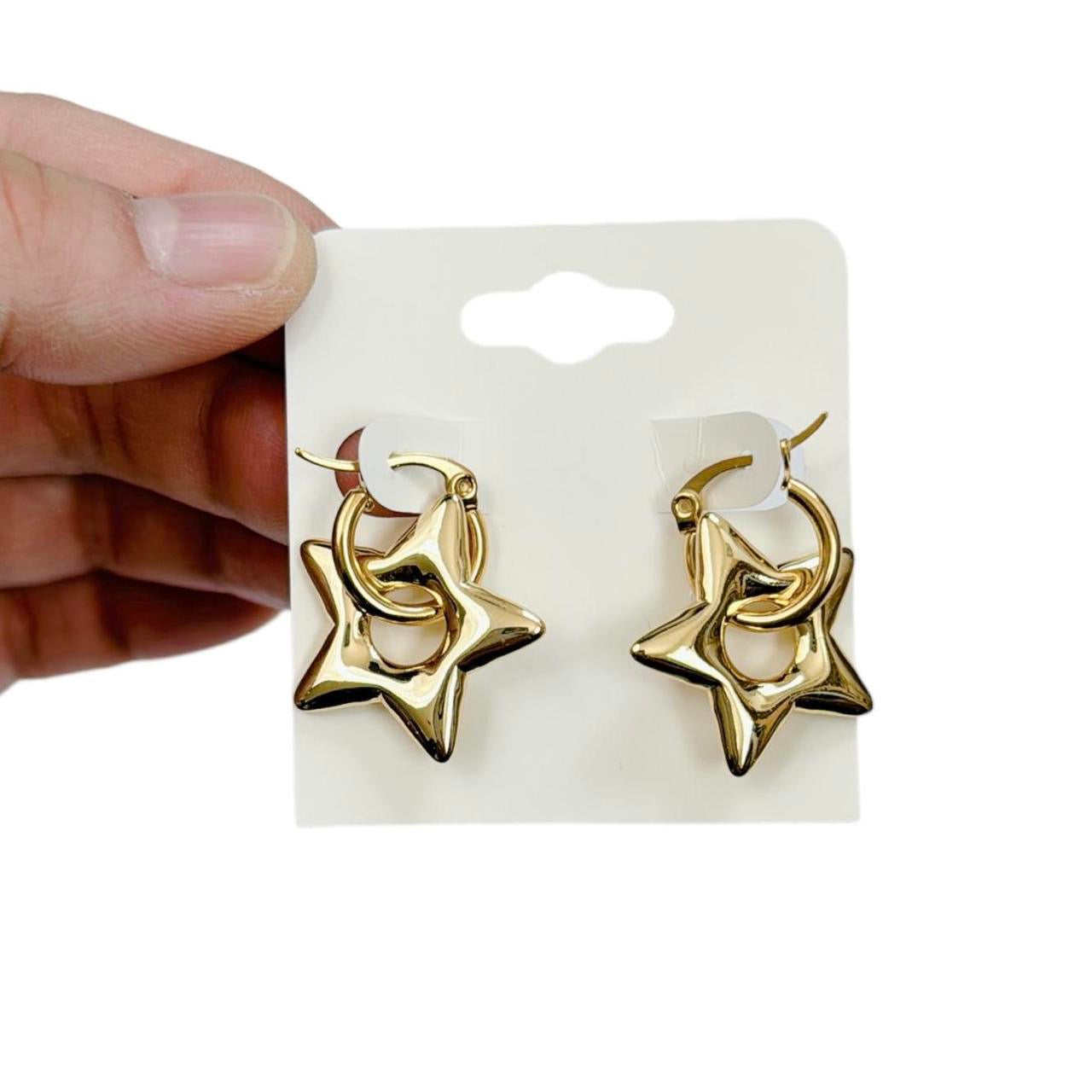 Gold Puffy Star Hoop Earrings