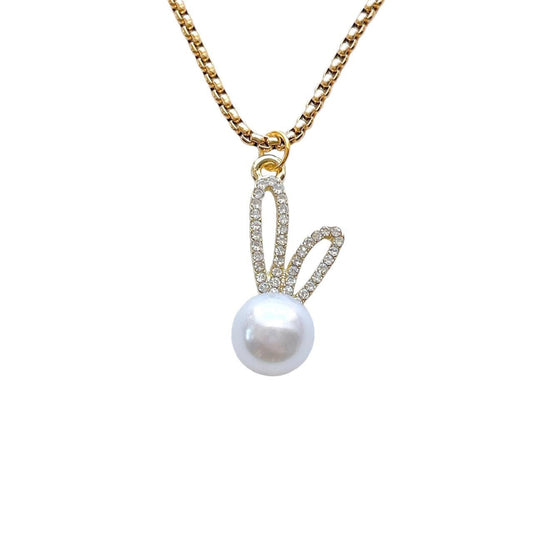 Gold Rhinestone Pearl Bunny Necklace