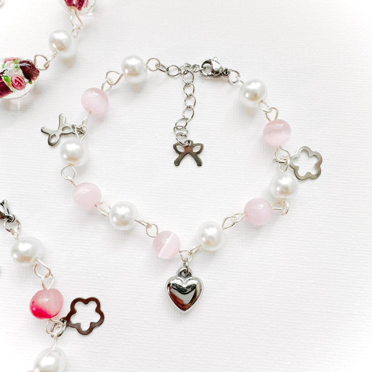 Pink & White Heart Charm Bracelet