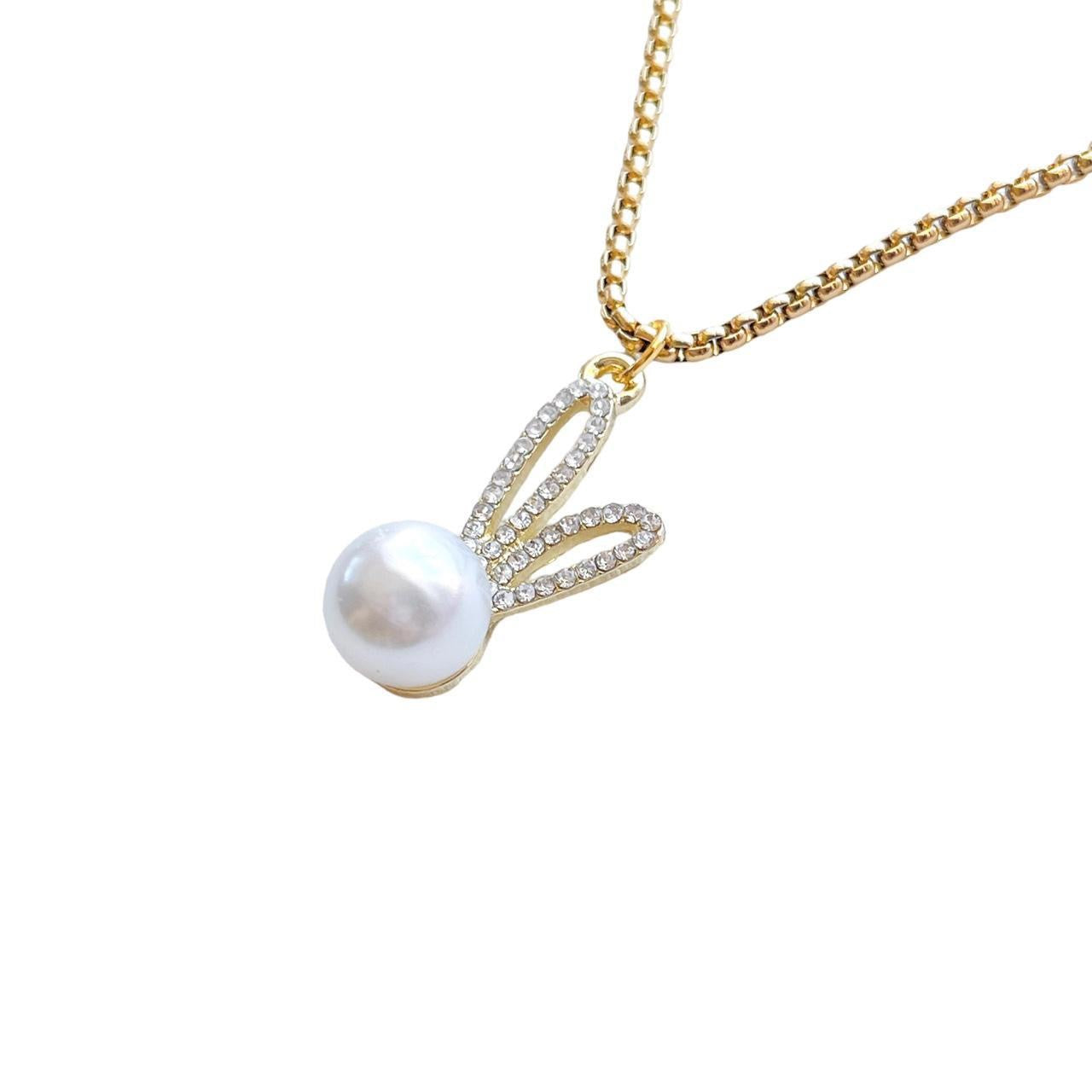 Gold Rhinestone Pearl Bunny Necklace