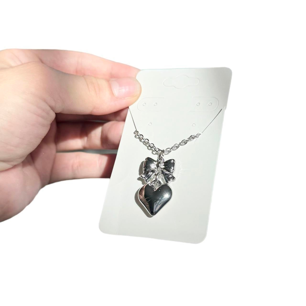 Silver Bow & Heart Necklace